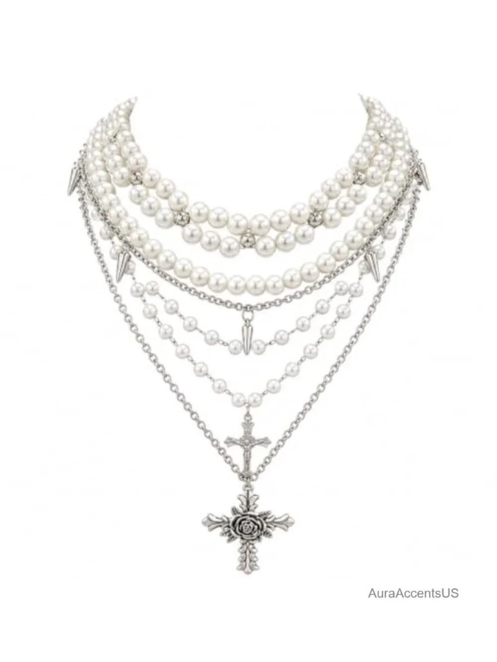 Layered Pearl Necklace Women Gothic Cross Pendant Punk Alternative Statement